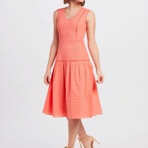 Draper James Coral Eyelet V‑Neck Fit-and-Flare Midi Dress, Sz 12
